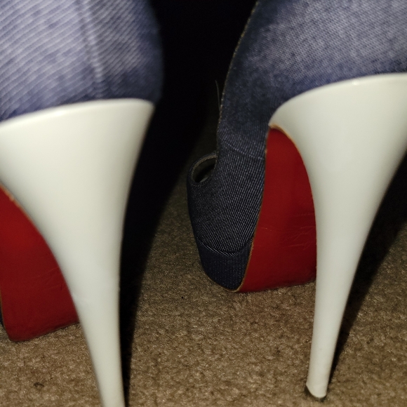 Christian Lou Boutin Peep Toe Denim Heels - Picture 2 of 8